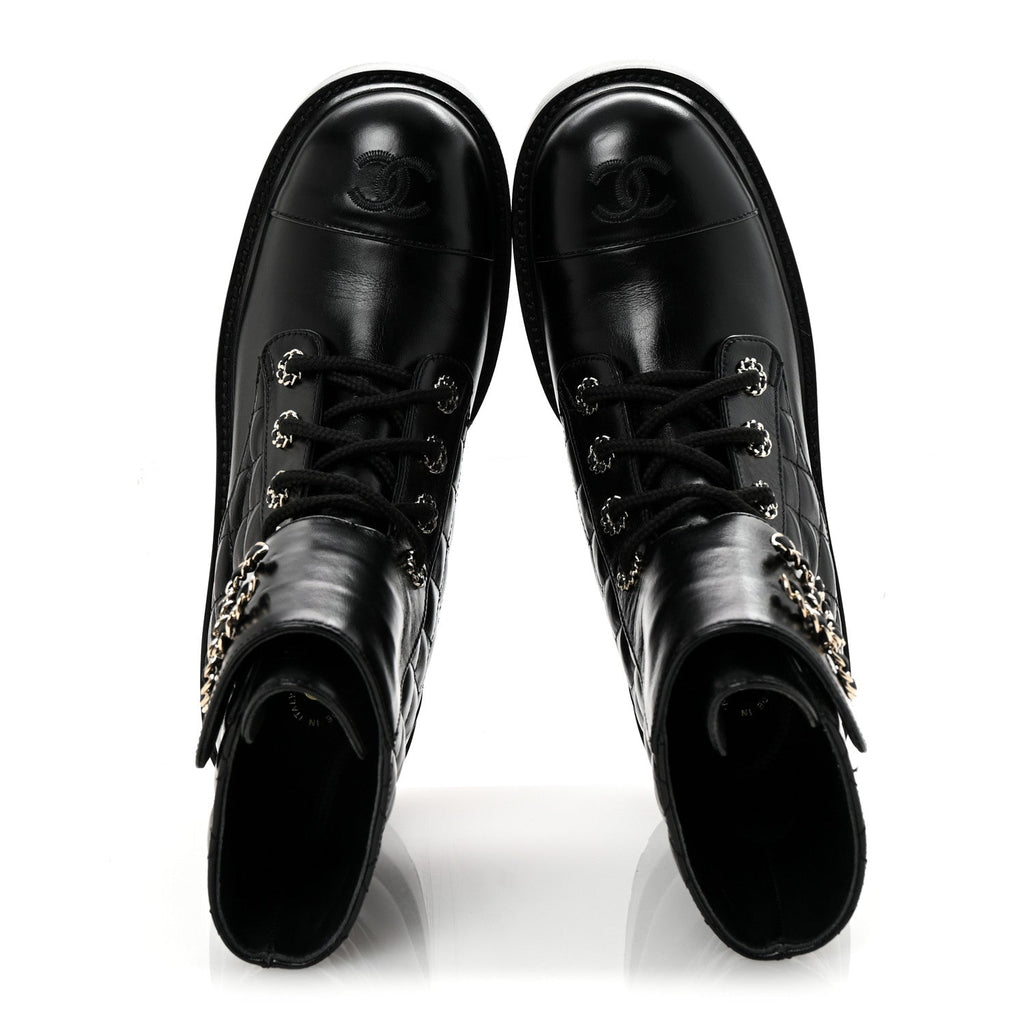 Shiny Lambskin Quilted Lace Up Combat Boots 39 Black