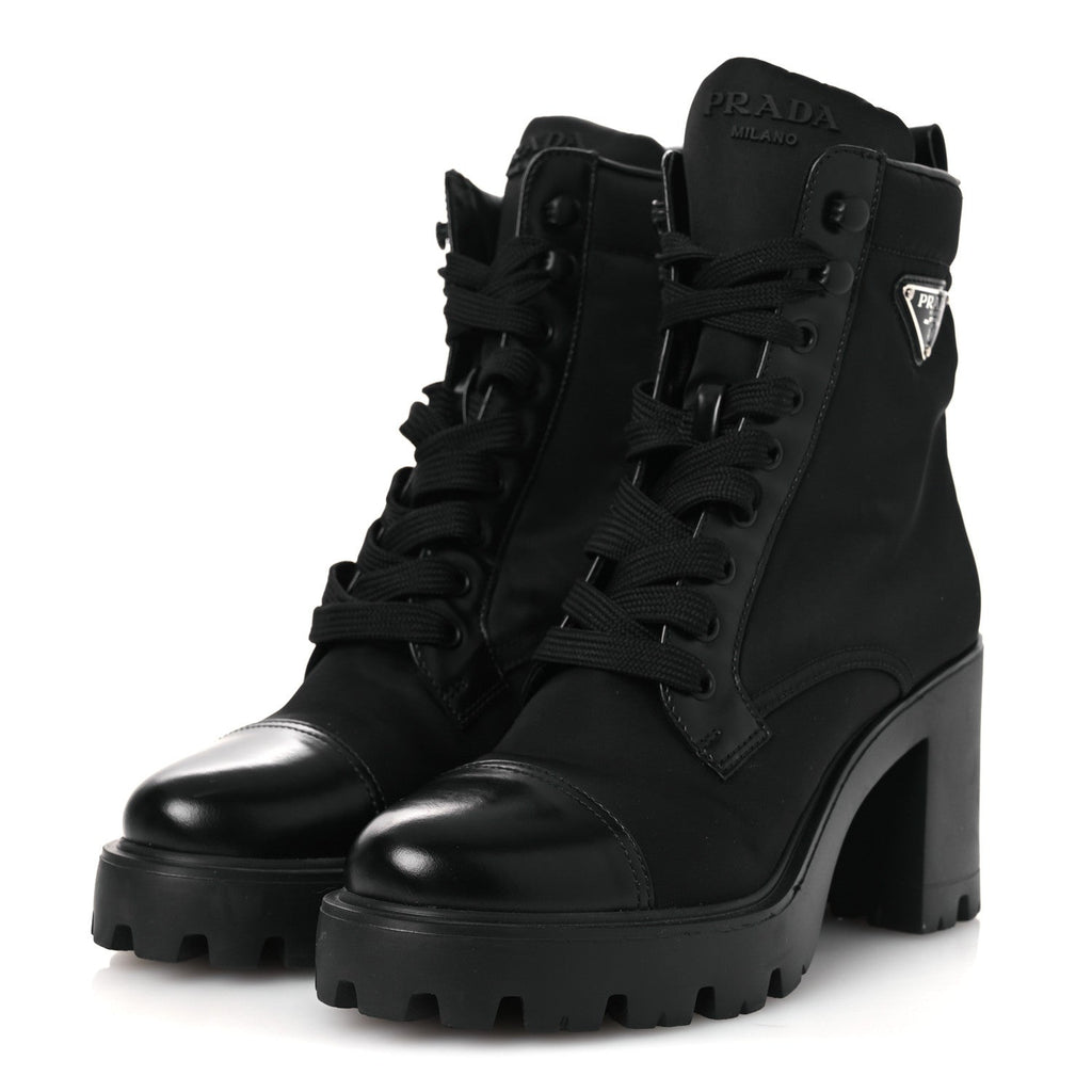 Spazzolato Re-Nylon Metal Triangle Logo Lace Up 55mm Ankle Boots 38.5 Black