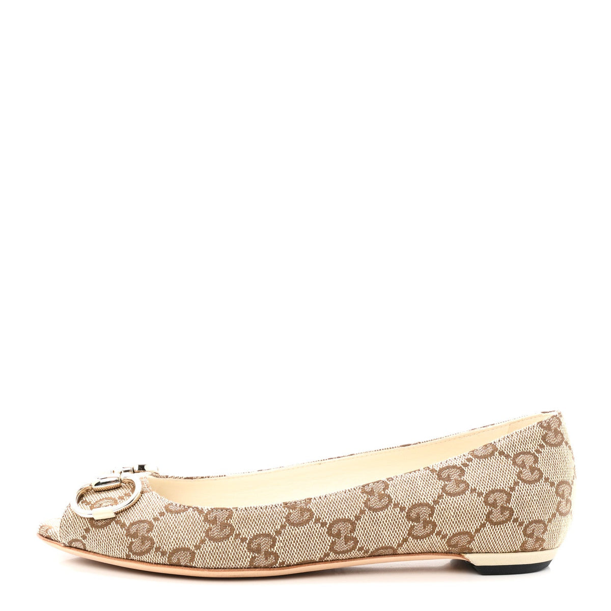 Monogram Miro Soft Calfskin Womens Horsebit Peep Toe Flats 6 Beige Ebony Mystic White