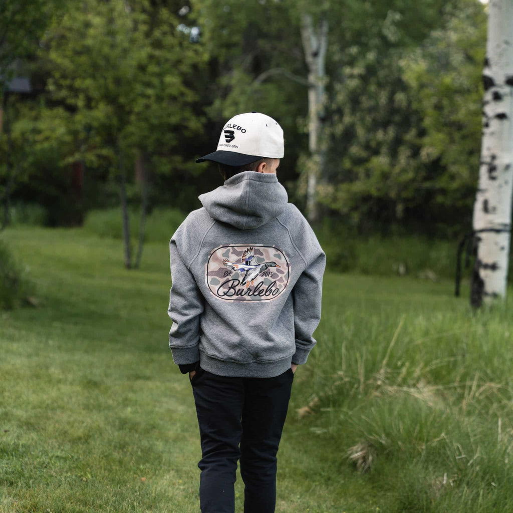 Youth Fleece Hoodie - Ducks Flying In - Dark Heather Grey