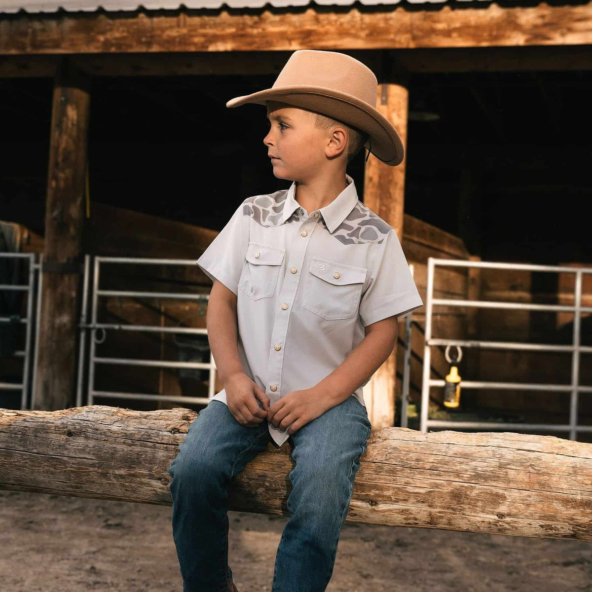 Youth Performance Western Shirt - Bird SZN - Light Grey & Classic Deer Camo