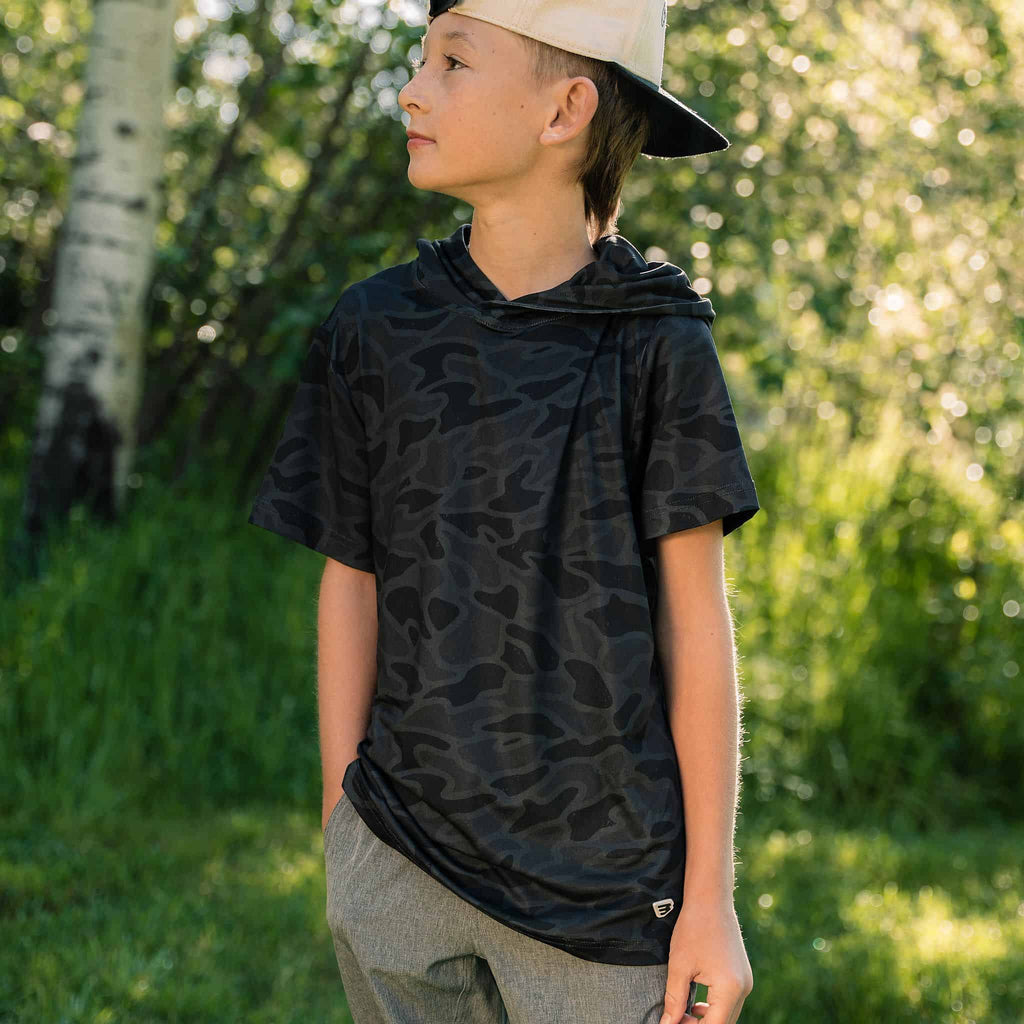 Youth Short Sleeve Performance Hoodie - Black Camo