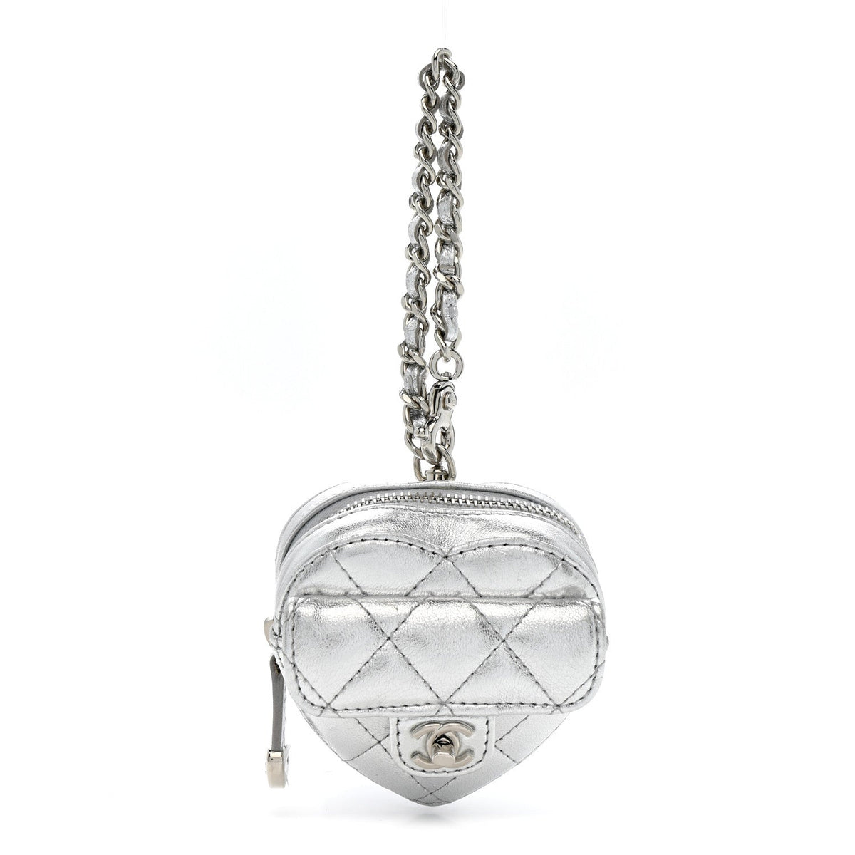 Metallic Lambskin Quilted CC Mini In Love Heart Bag Charm Silver