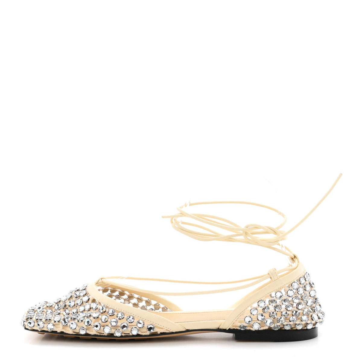 Mesh Nappa Crystal Embellished Sparkle Stretch Ankle Tie Flats 38 Black