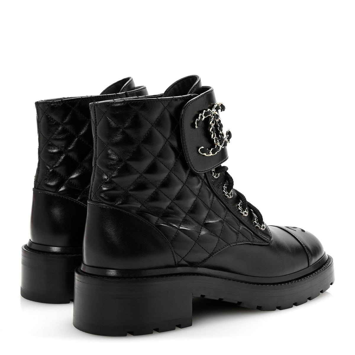 Shiny Lambskin Quilted Lace Up Combat Boots 39 Black