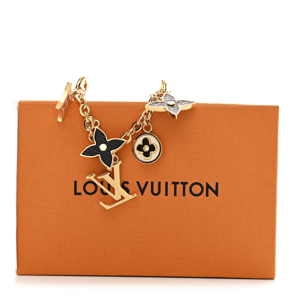 Brass Enamel Fleur De Monogram Bag Charm Chain Gold