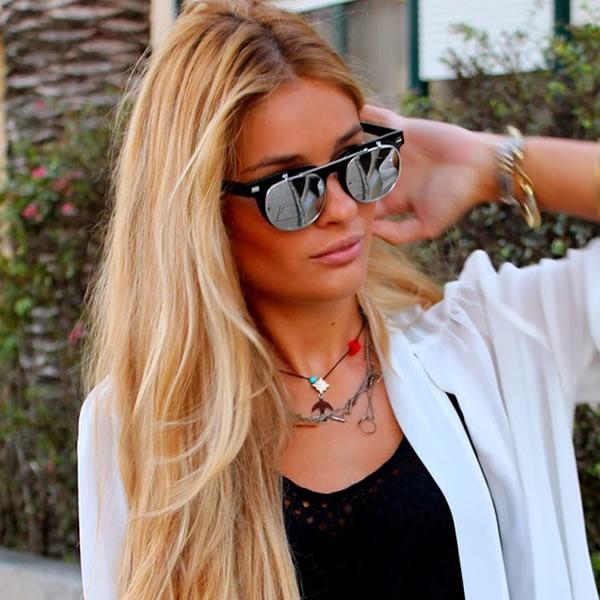 Retro Flash Mirror Flip Up Lens Horned Rim Sunglasses 9123