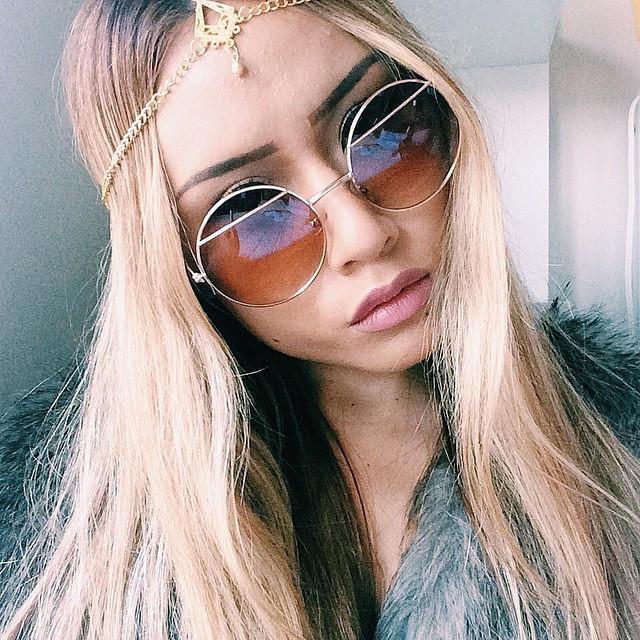 Trendy Womens Round Fashion Eyelid Metal Sunglasses 9393