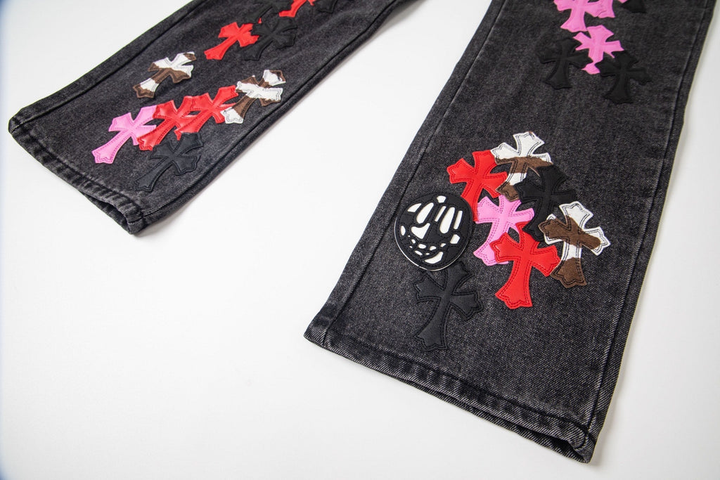 Chrome Hearts Multi Cross Patch Denim Jeans - Grey Gothic Street Pants 1111