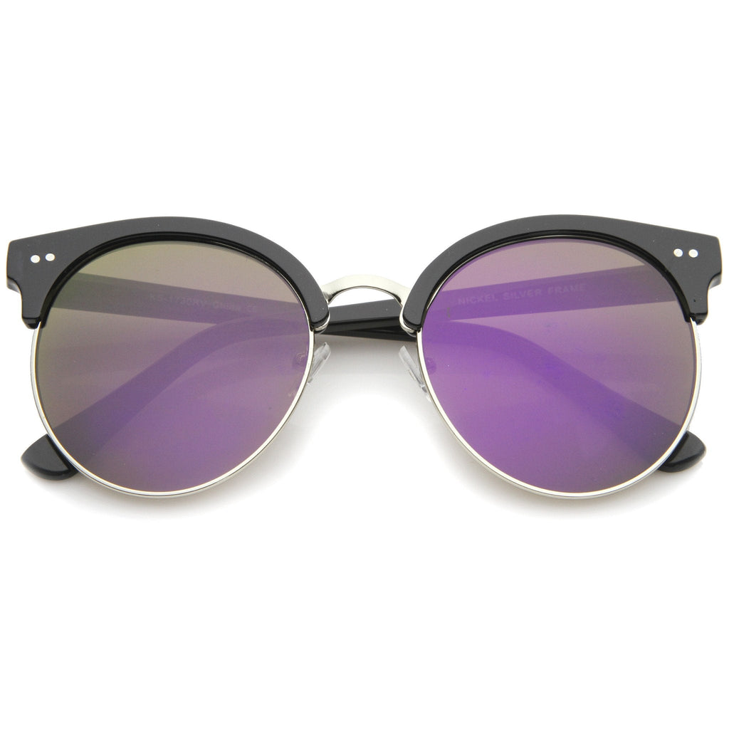 Modern Flat Front Oversize Round Mirror Lens Cat Eye Sunglasses