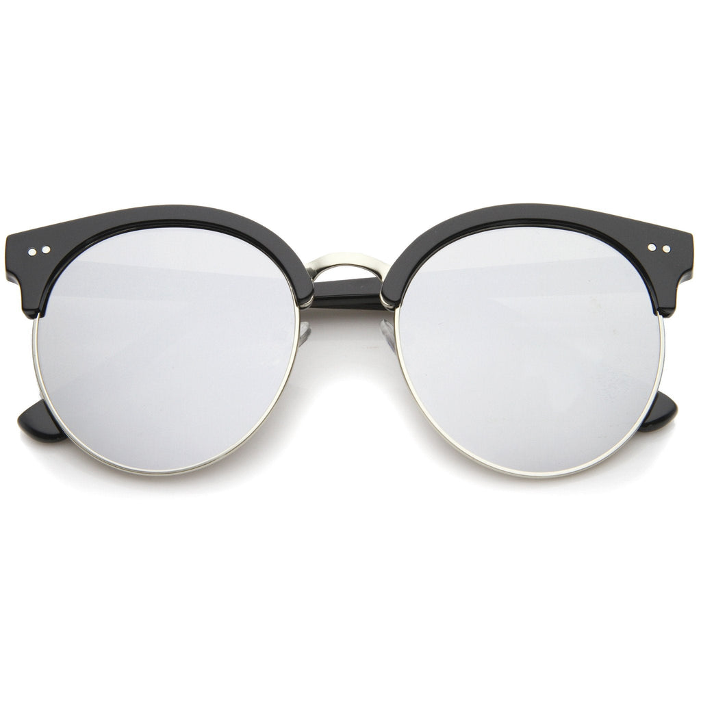 Modern Flat Front Oversize Round Mirror Lens Cat Eye Sunglasses