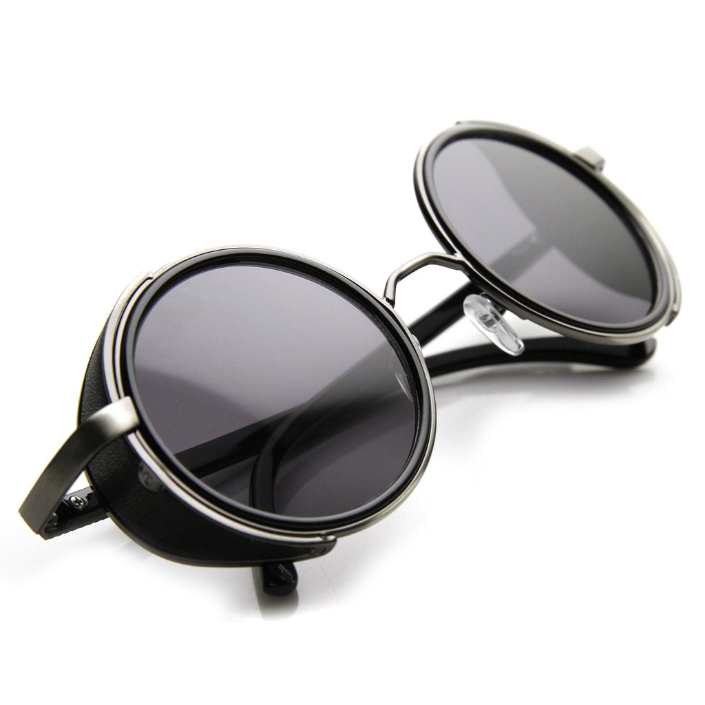 Steampunk Studio Cover Faux Leather Shield Round Sunglasses 9483