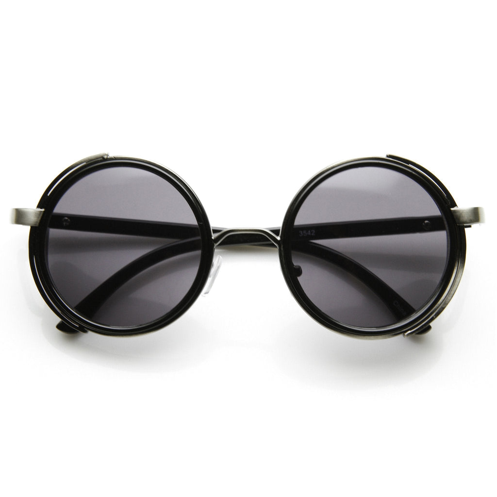 Steampunk Studio Cover Faux Leather Shield Round Sunglasses 9483