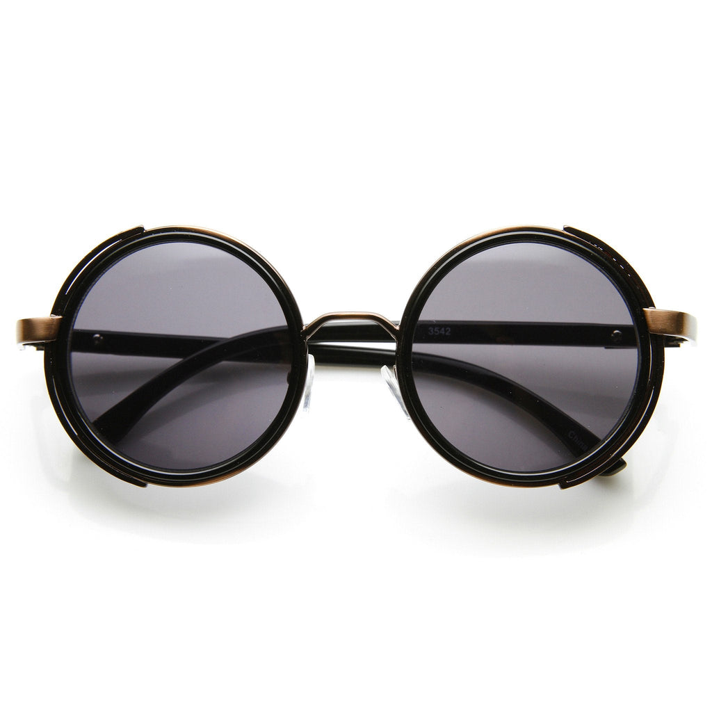 Steampunk Studio Cover Faux Leather Shield Round Sunglasses 9483