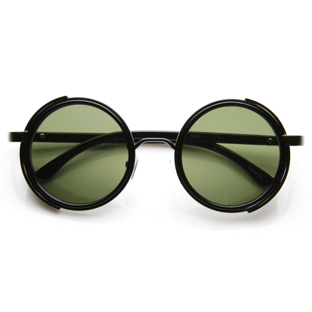 Steampunk Studio Cover Faux Leather Shield Round Sunglasses 9483