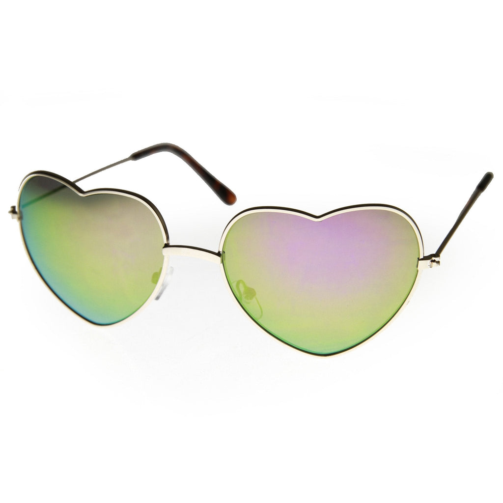 Women's Thin Metal Heart Shape Frame Mirrored Lens Sunglasses 9564