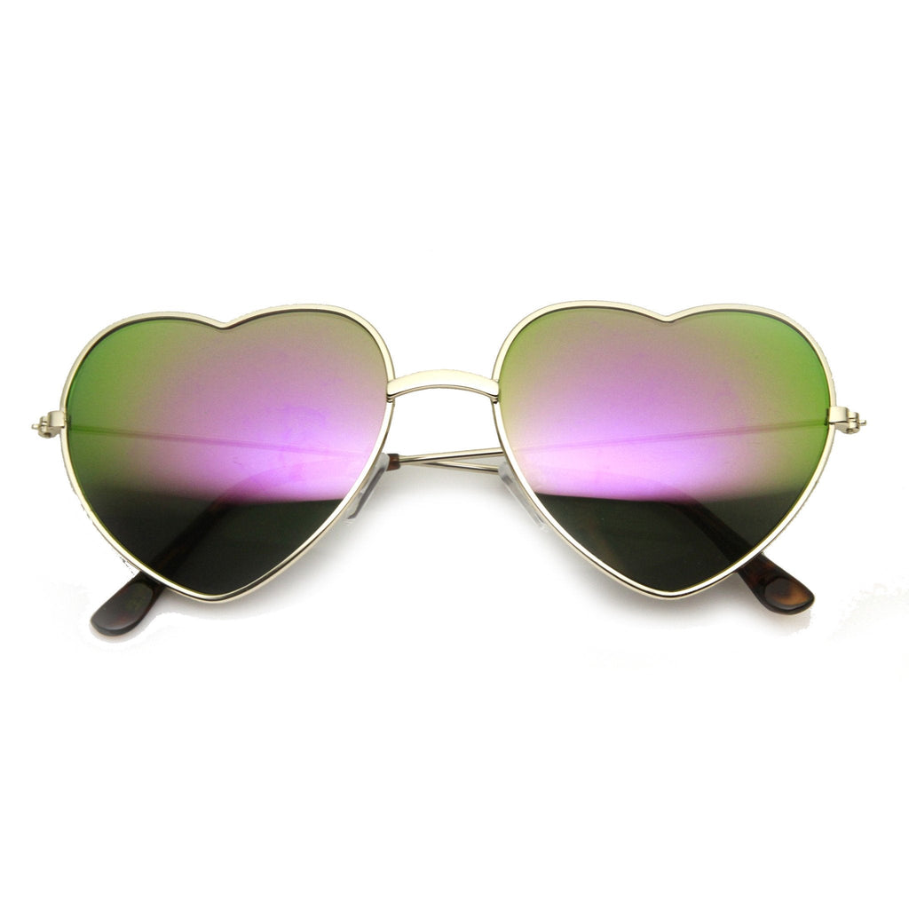 Women's Thin Metal Heart Shape Frame Mirrored Lens Sunglasses 9564