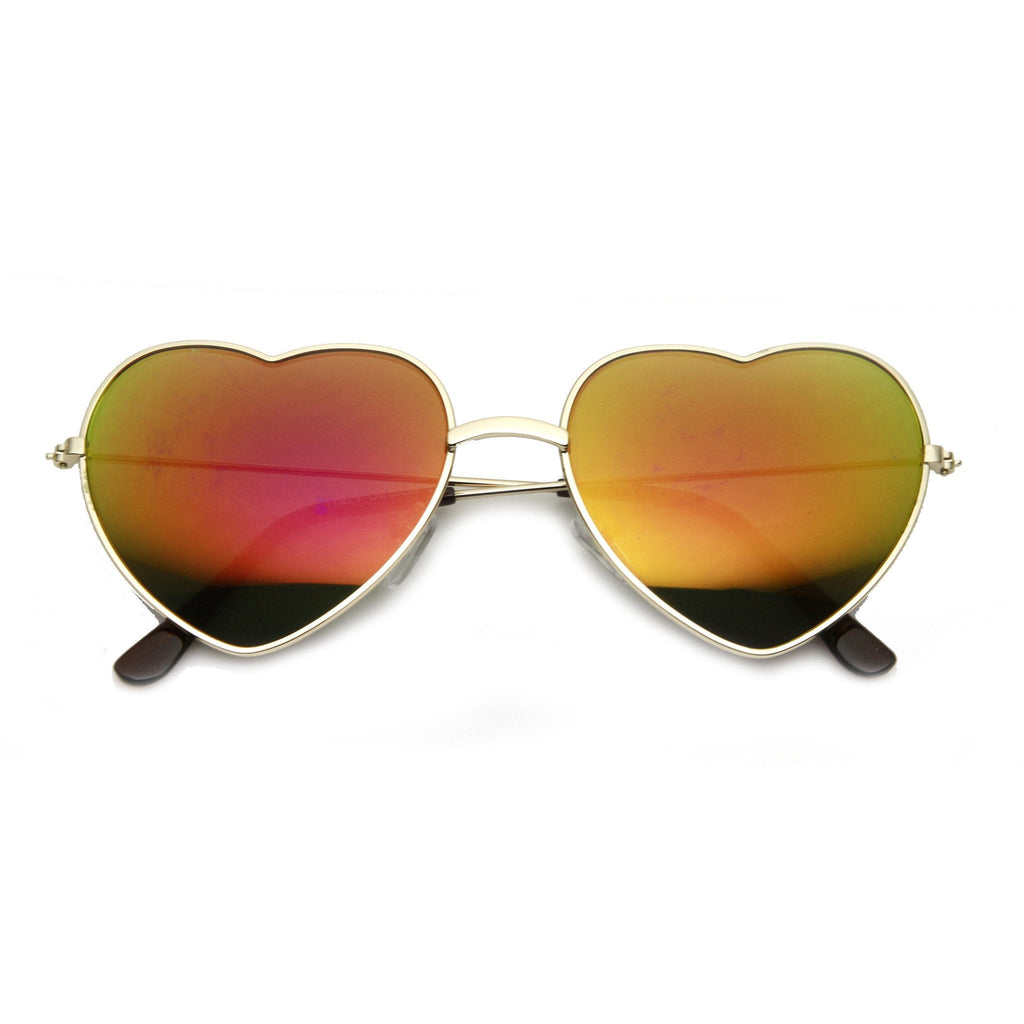 Women's Thin Metal Heart Shape Frame Mirrored Lens Sunglasses 9564