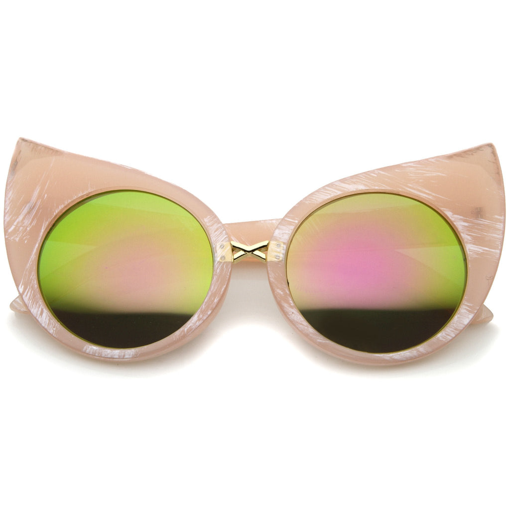 Women's Round Cat Eye Marble Mirrored Lens Sunglasses A383