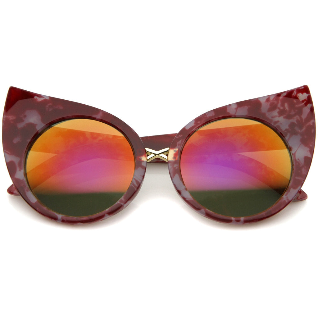 Women's Round Cat Eye Marble Mirrored Lens Sunglasses A383