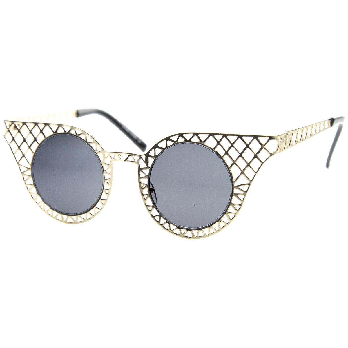Women's Indie Round Cat Eye Laser Cut Metal Sunglasses 9315