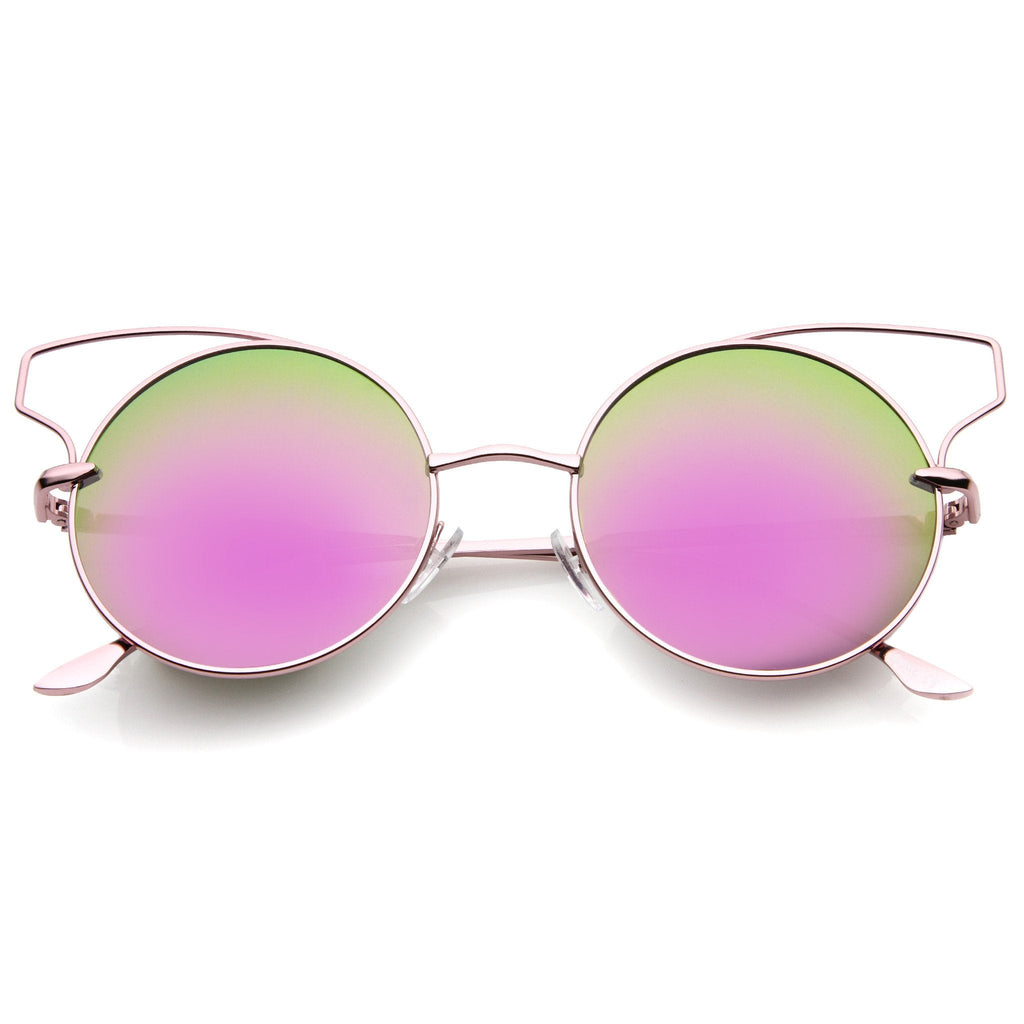 Wire Flare Round Cat Eye Mirrored Lens Sunglasses A341