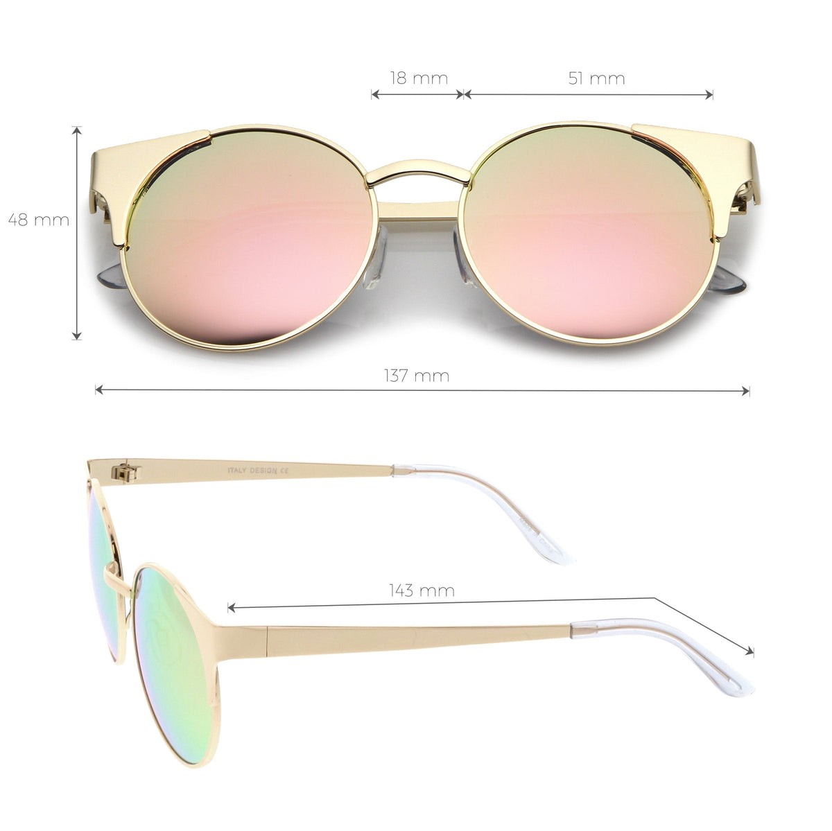 Premium Round Cat Eye  Half Frame Mirrored Flat Lens Sunglasses C359