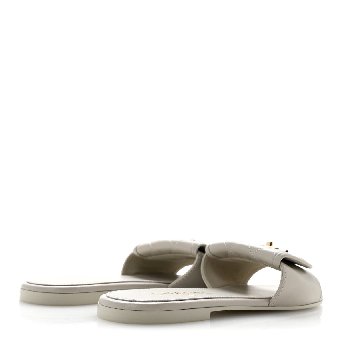 Lambskin Quilted Turnlock Flat Mules 38.5 Light Gray