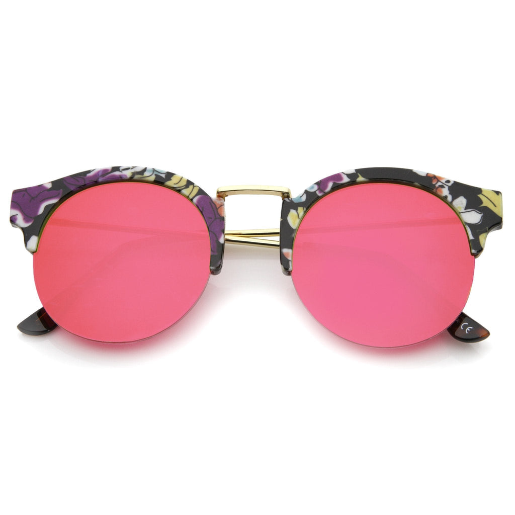 Women's Marble Half Frame Round Mirrored Lens Sunglasses A292