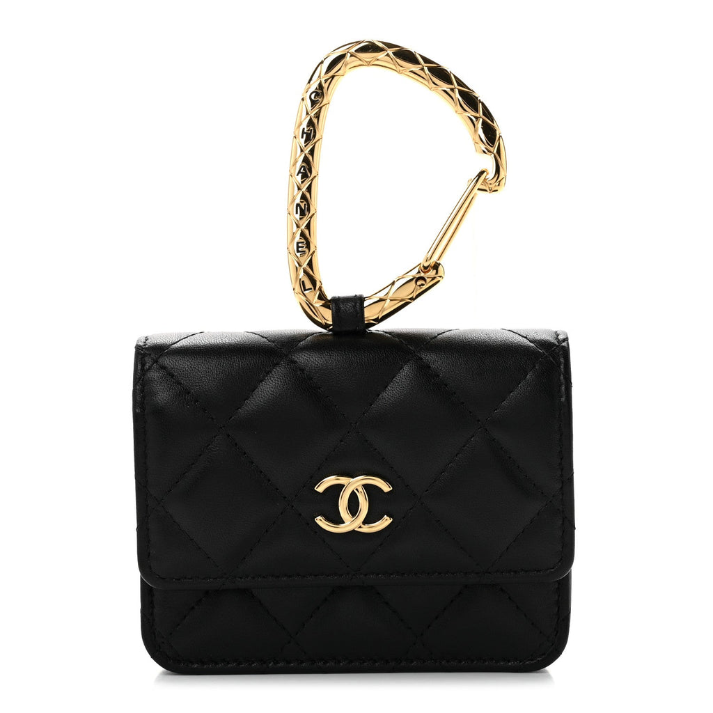 Lambskin Quilted CC Hook Card Holder Black