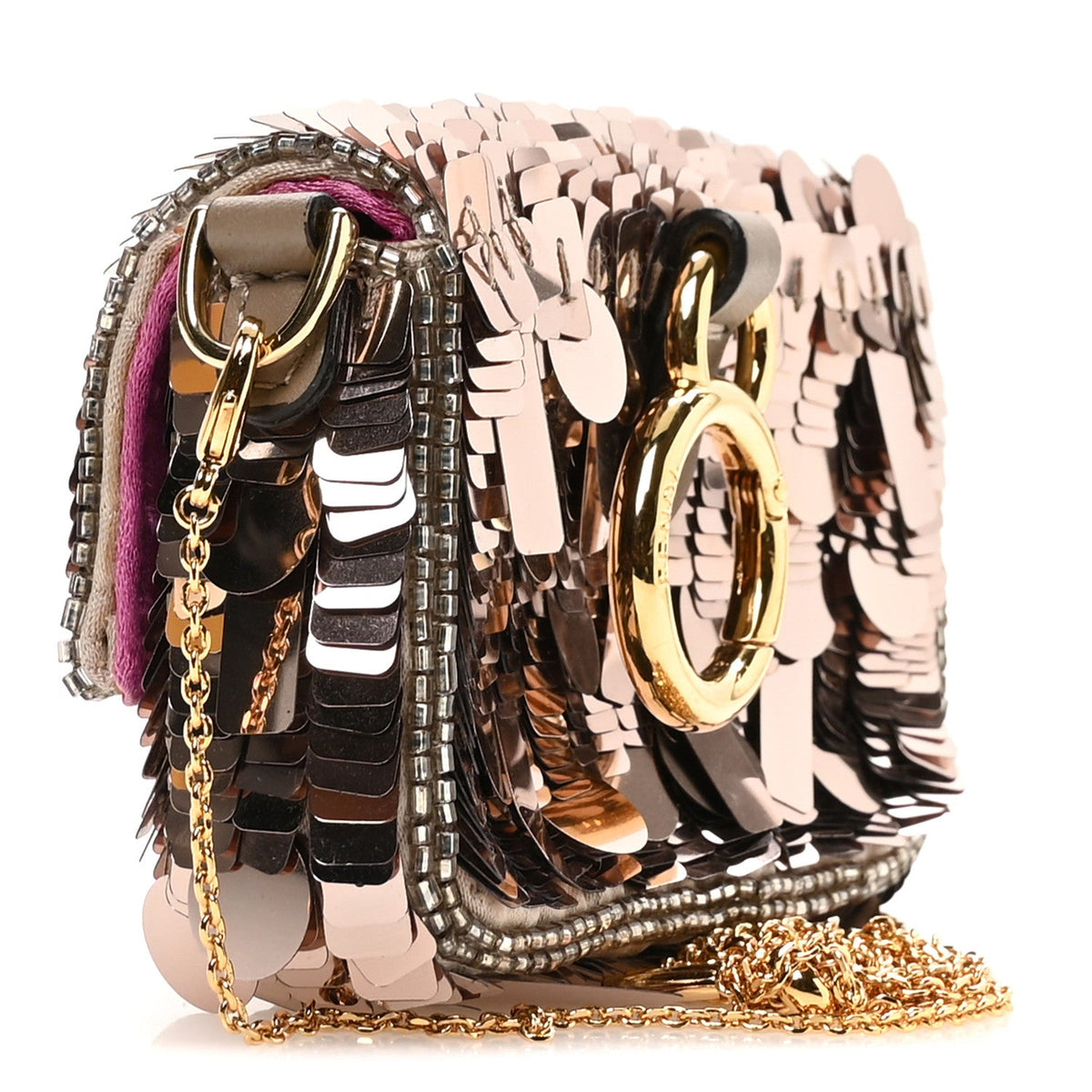 Sequin Paillettes Shiny Nappa Sex and the City Nano Maxi Buckle Baguette Charm Tortora