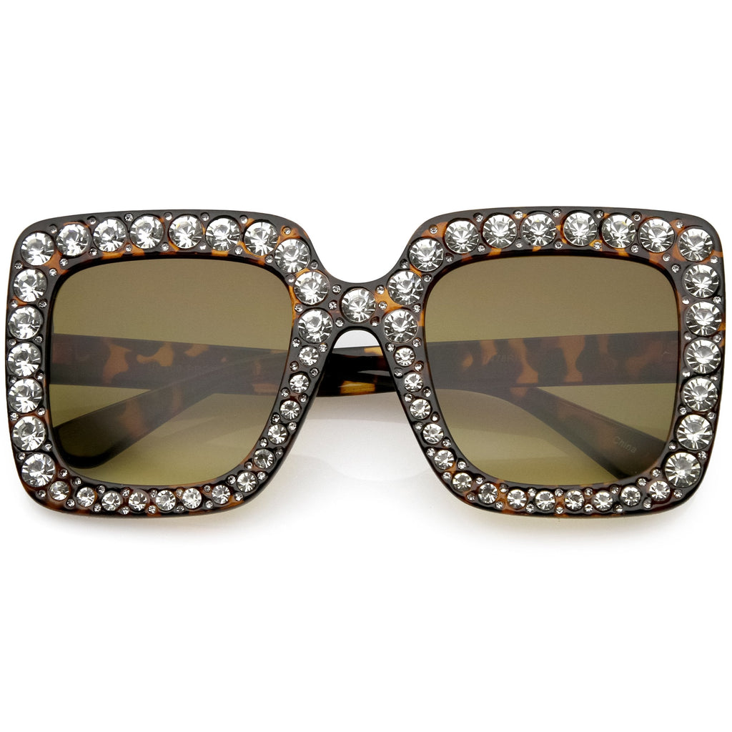 Women's Oversize Glamorous Crystal Rhinestone Square Sunglasses C586