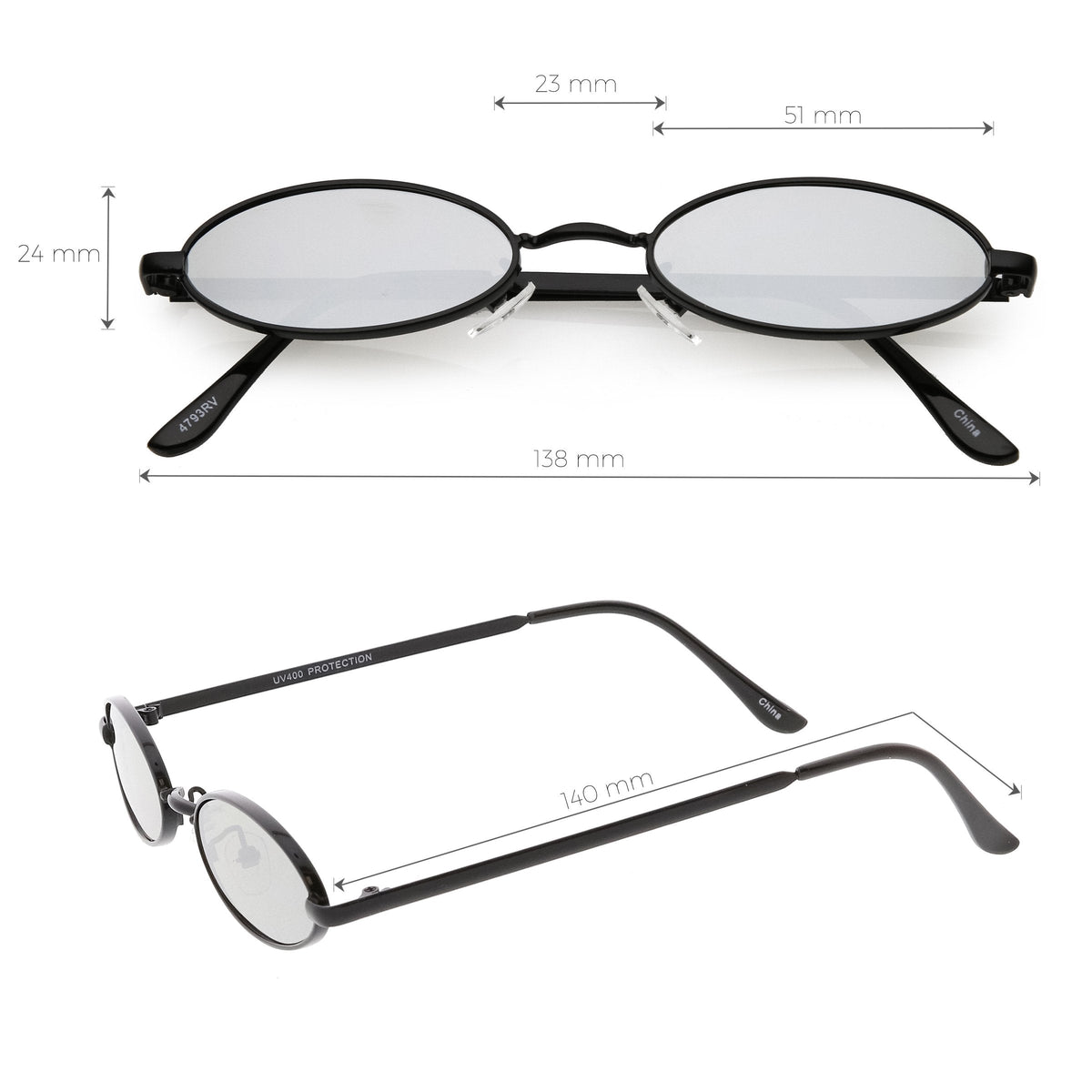 Small Retro 1990's Oval Metal Mirrored Lens Sunglasses C594