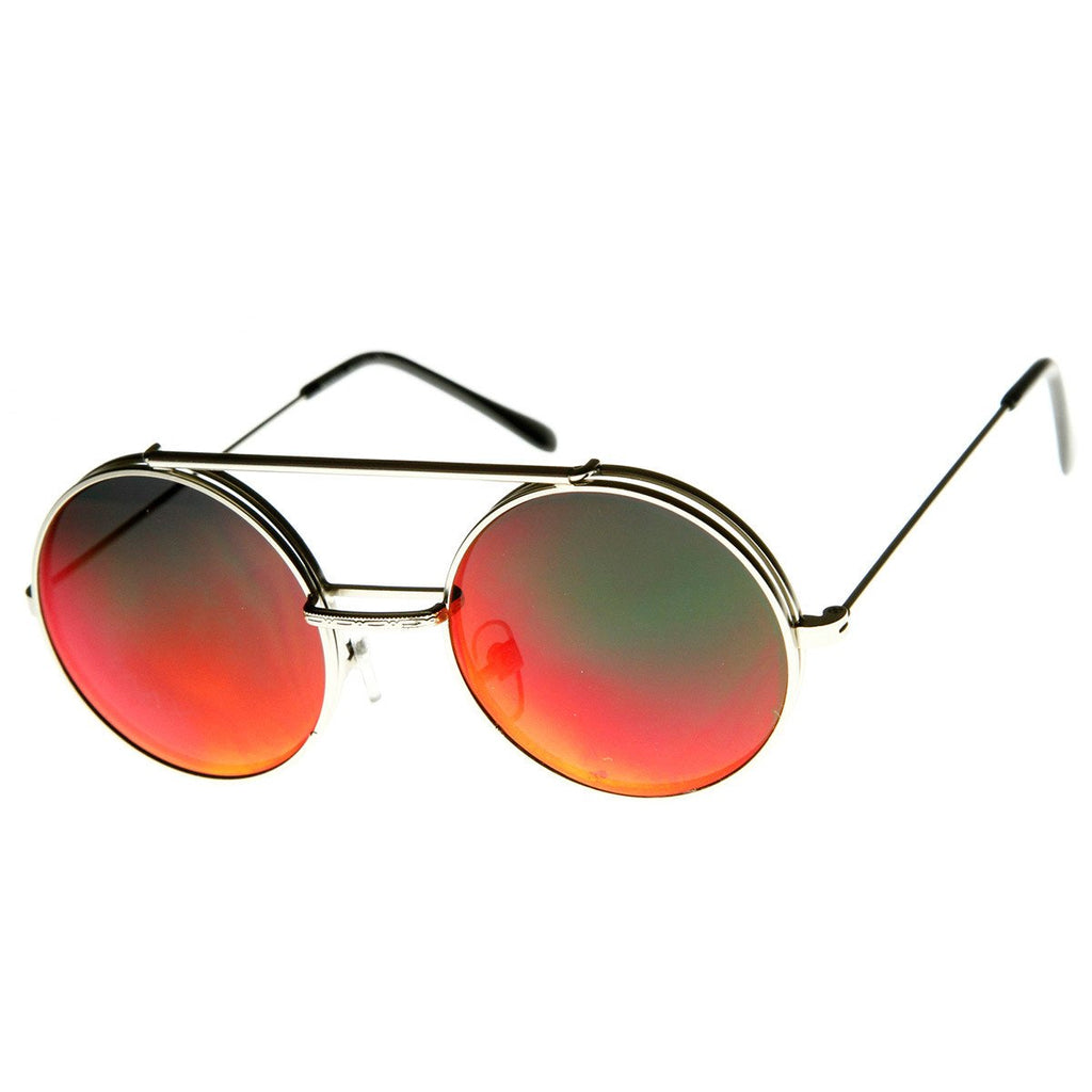 Retro Round Steampunk Mirrored Lens Flip Up Sunglasses