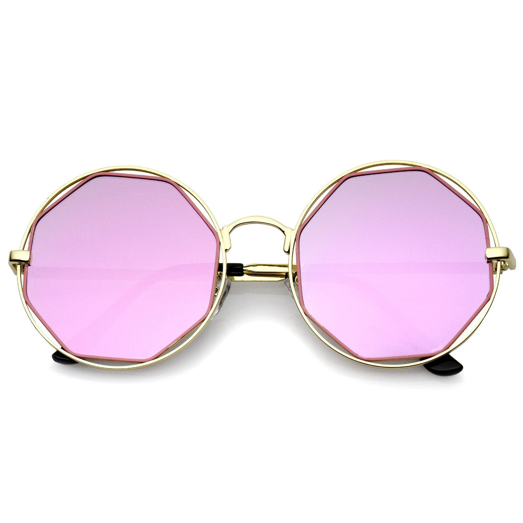 Women's Round Octagon Cut Out Mirror Lens Sunglasses C025