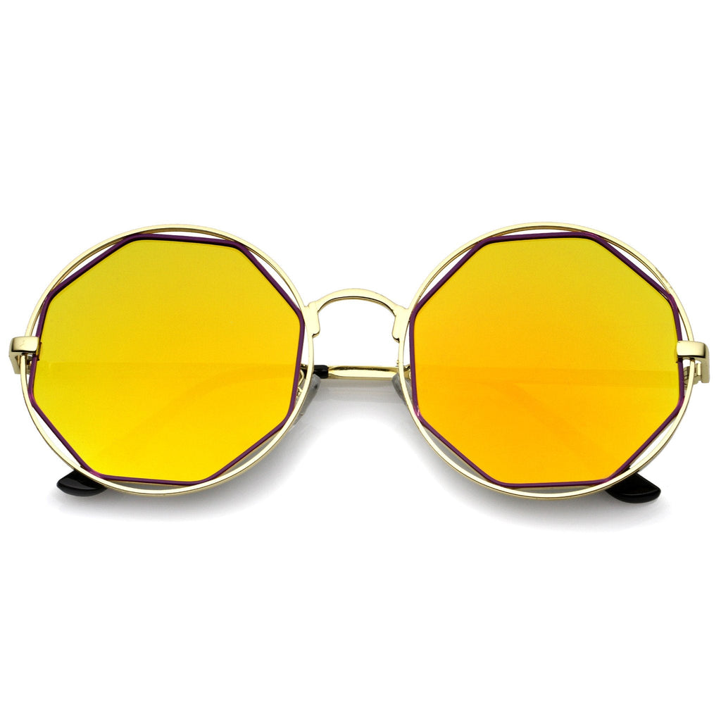 Women's Round Octagon Cut Out Mirror Lens Sunglasses C025
