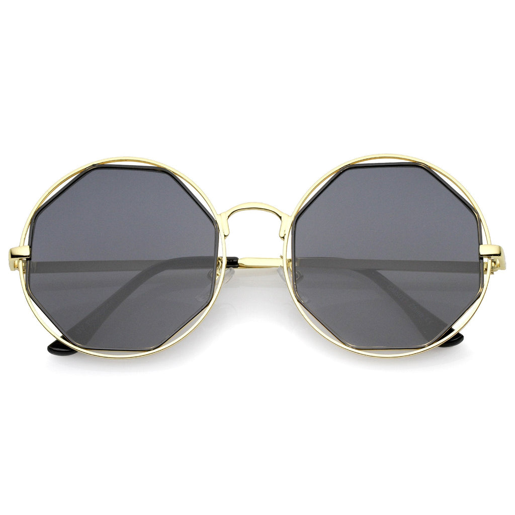 Women's Round Octagon Cut Out Mirror Lens Sunglasses C025