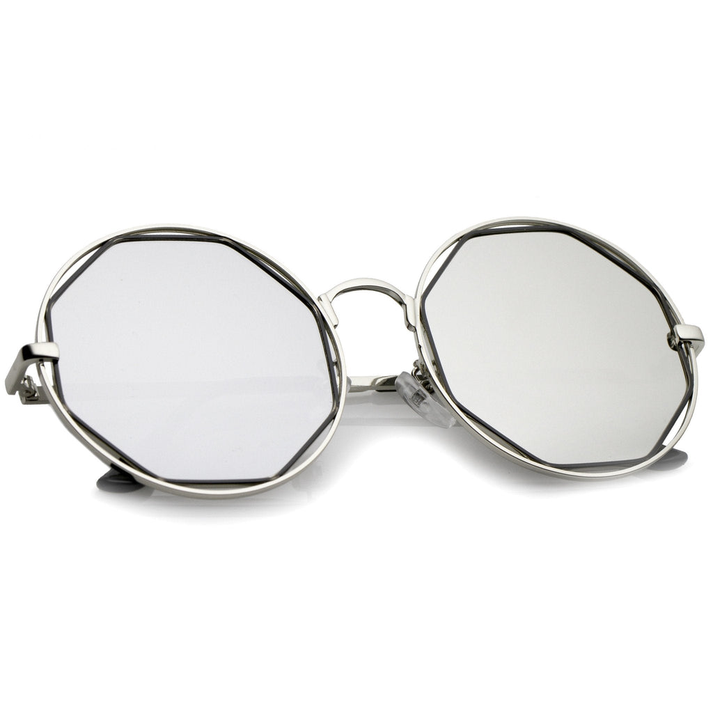 Women's Round Octagon Cut Out Mirror Lens Sunglasses C025