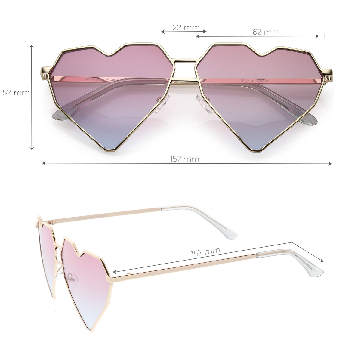 Women's Oversize Geometric Metal Heart Shape Sunglasses C629