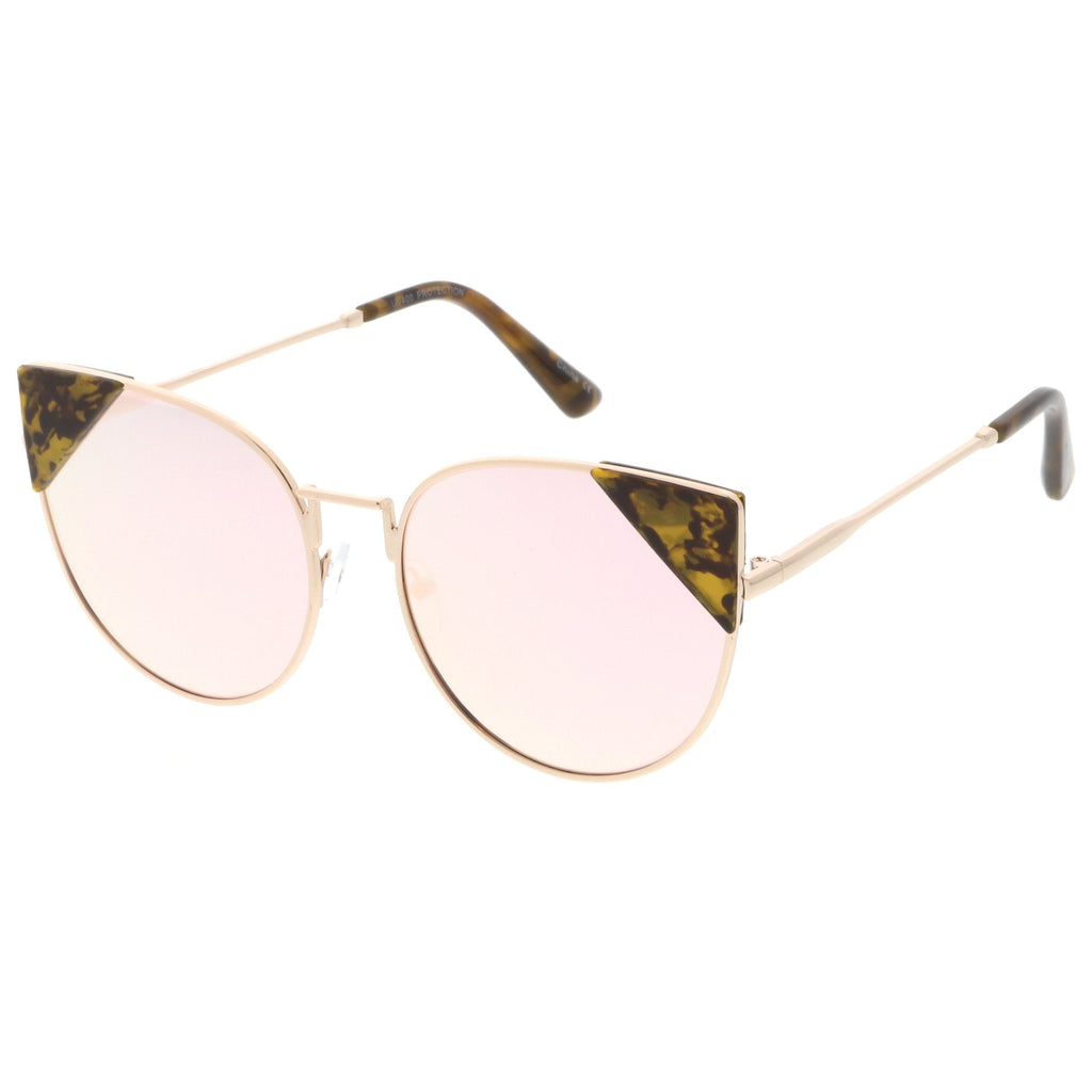 Women's Corner Accented Mirrored Flat Lens Cat Eye Sunglasses C342