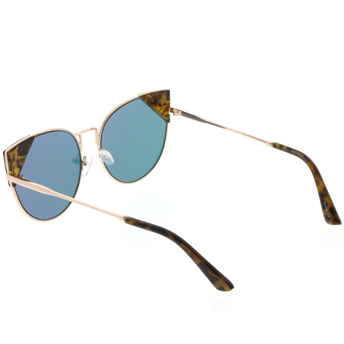 Women's Corner Accented Mirrored Flat Lens Cat Eye Sunglasses C342