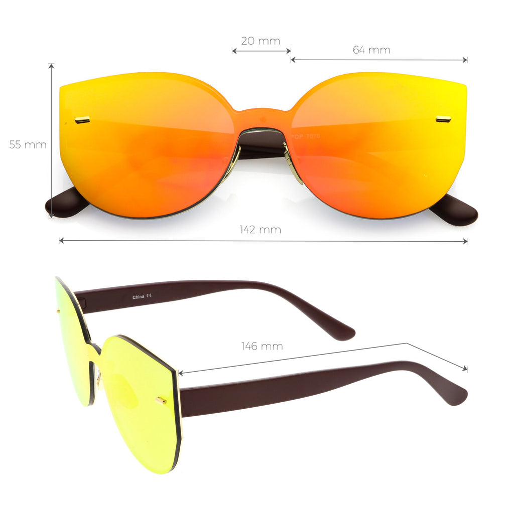 Oversize Rimless Mono Block Mirrored Flat Lens Cat Eye Sunglasses C379
