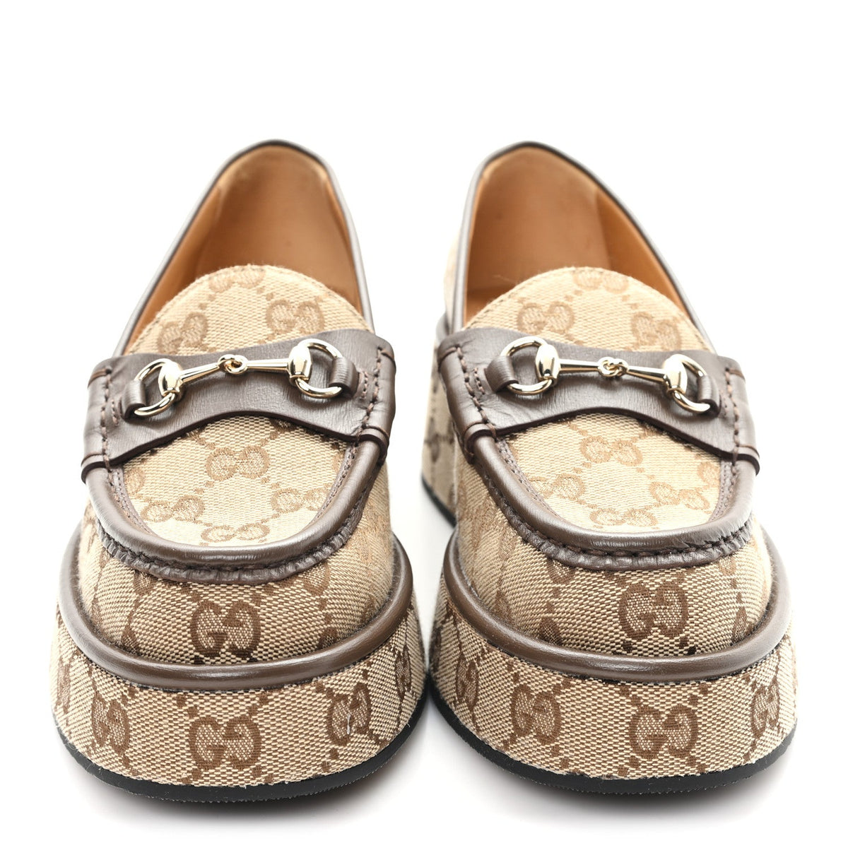Monogram Horsebit Calfskin Womens Horsebit Wedge Platform Loafers 35.5 Beige Ebony
