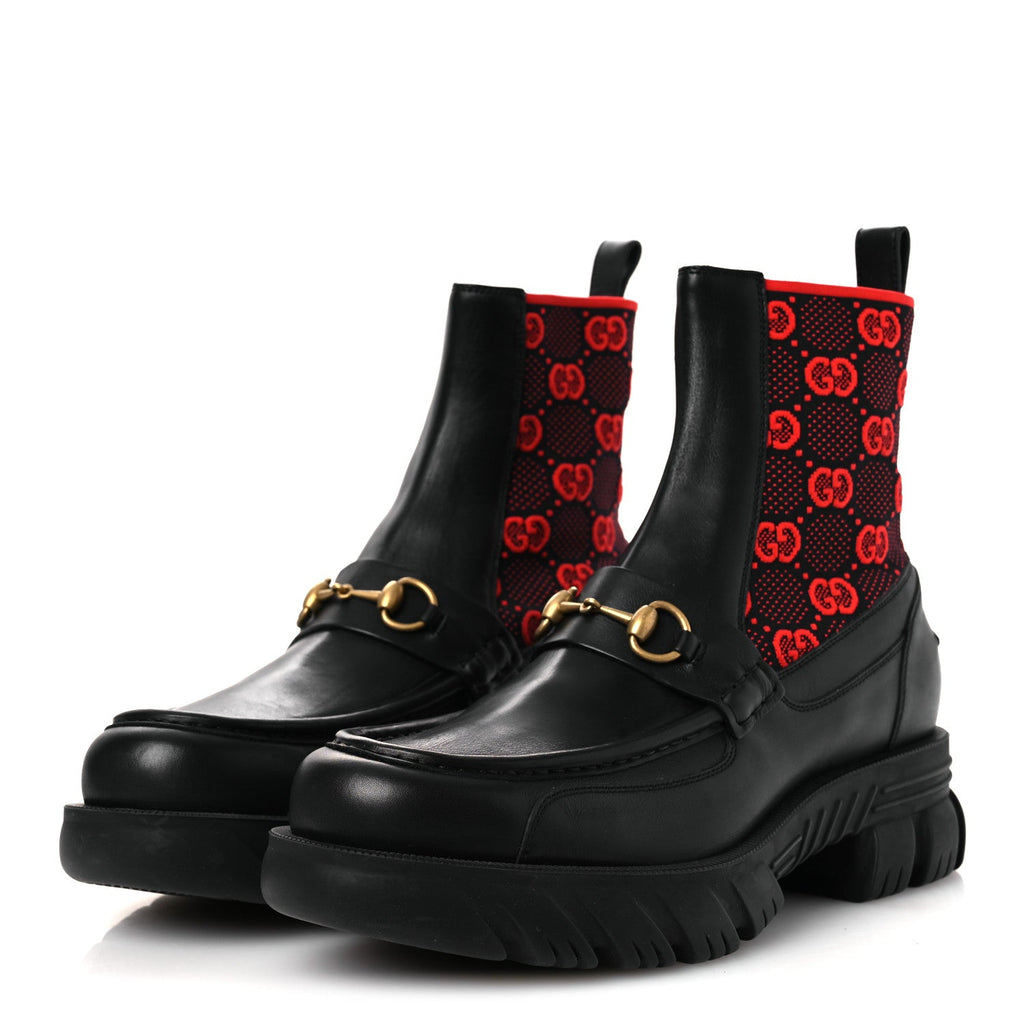 Quebec Calfskin Technical Jersey Knit GG Monogram Mens Horsebit Ankle Boots 11.5 Black Light Hibiscus Red