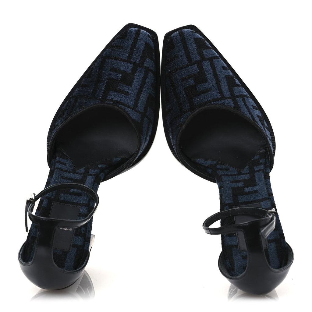 Chenille Jacquard FF Cut Baguette Ankle Strap 105mm Pumps 38 Black Blue