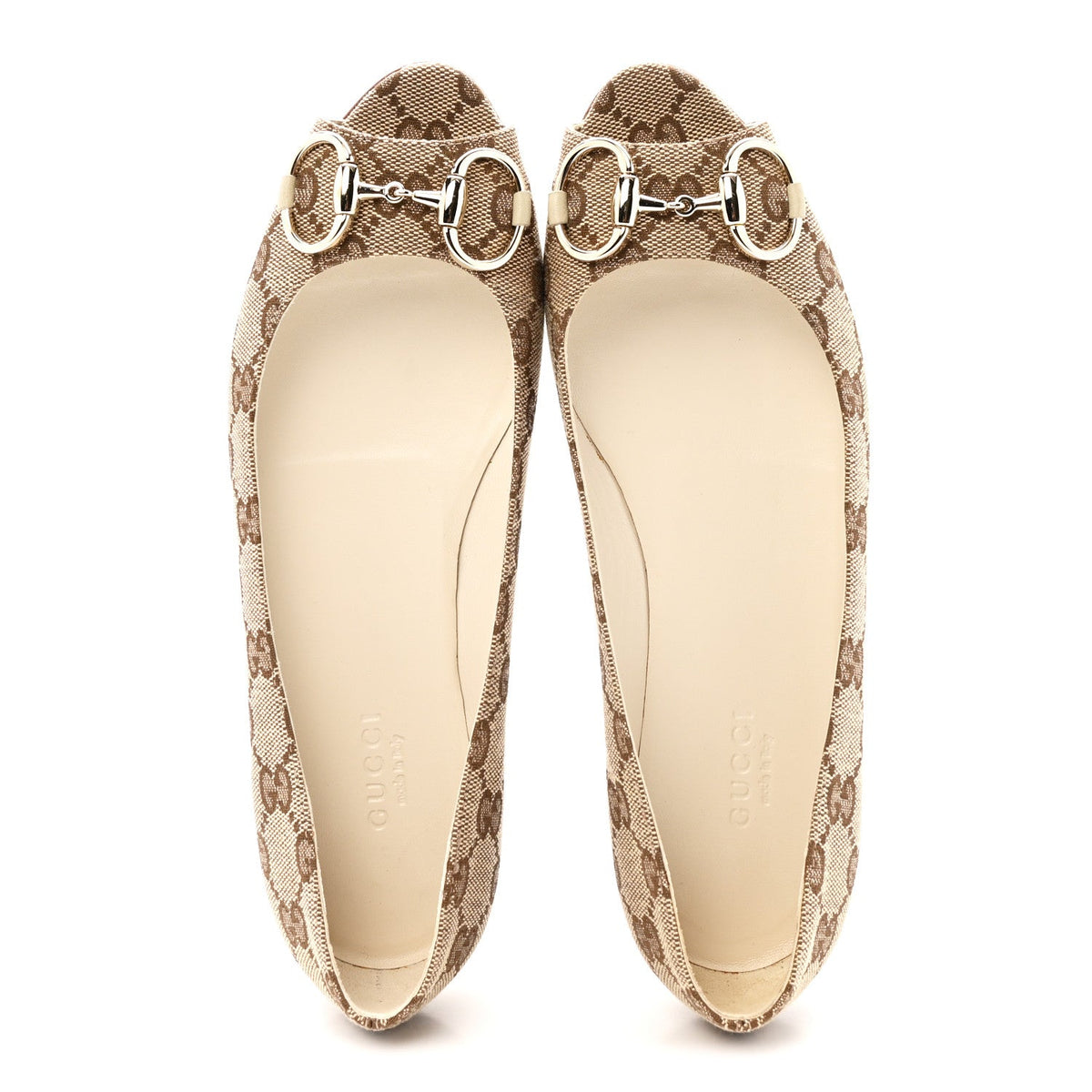 Monogram Miro Soft Calfskin Womens Horsebit Peep Toe Flats 6 Beige Ebony Mystic White