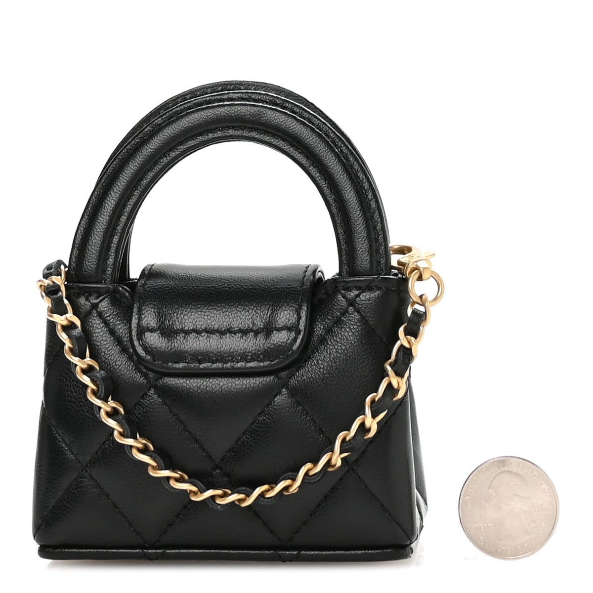 Shiny Lambskin Quilted Mini Kelly Bag Charm Black