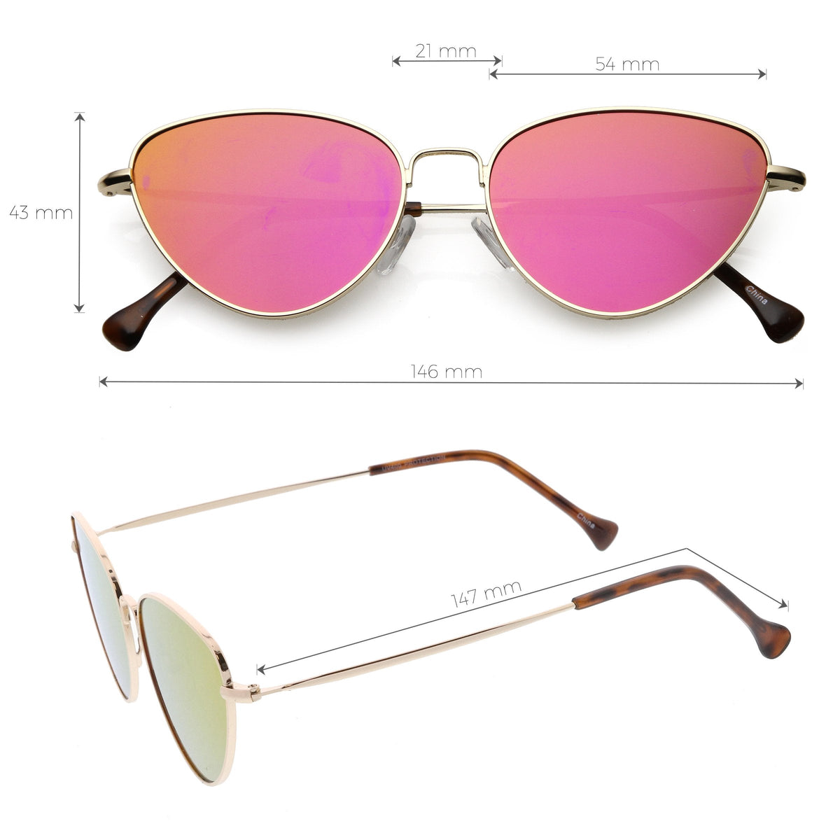 Women's Retro Thin Frame Metal Mirrored Flat Lens Sunglasses C601