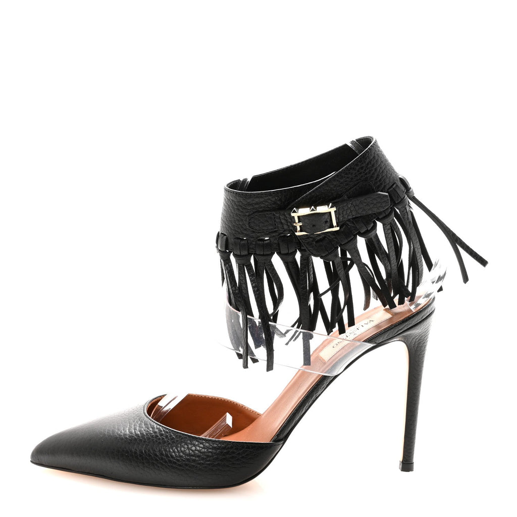 Calfskin C Rockee Fringe Pumps 38.5 Black