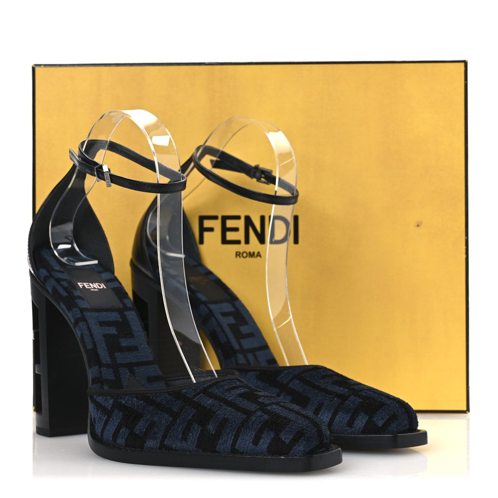 Chenille Jacquard FF Cut Baguette Ankle Strap 105mm Pumps 38 Black Blue